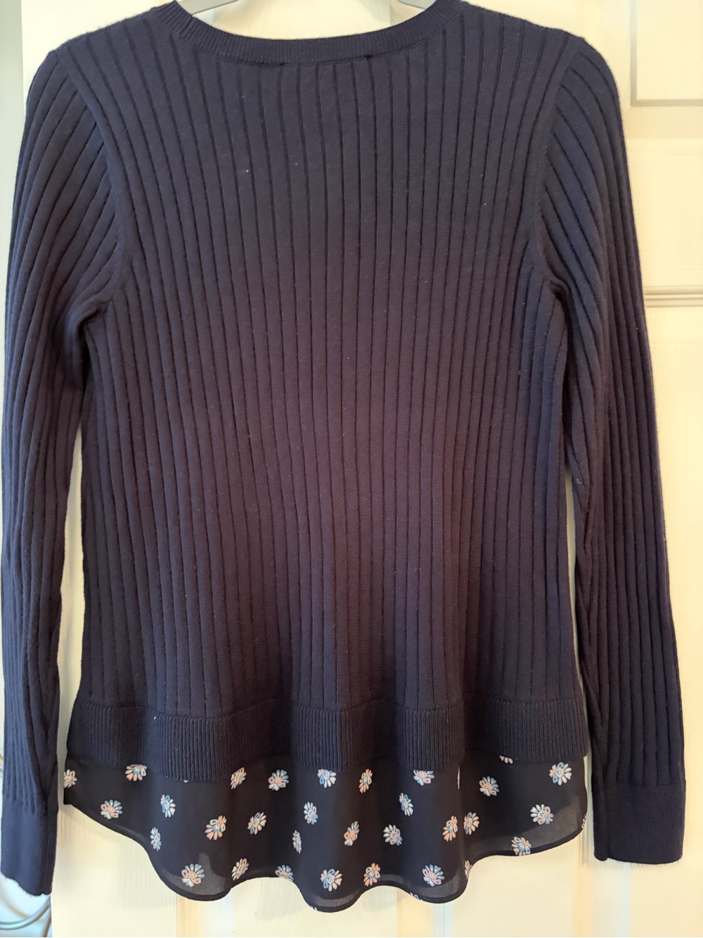 Ribbed Navy Sweater with Floral Hem